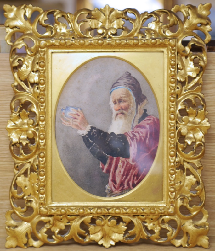 19th century Florentine gilt frame housing an oval watercolour of an elderly gentleman, overall frame size 42 x 35cm. Condition - lower right corner of frame repaired